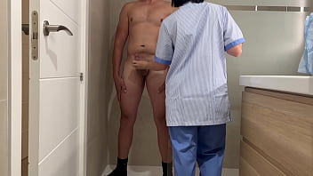 Preview 3 of Maria Ita - I surprise the room service cleaning girl by giving me a handjob and she helps me finish cumming with a handjob in the bathroom