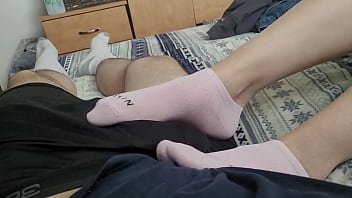 Preview 2 of Pretty Prink - teen teases cock with toes gives footjob till cumshot on socks