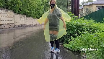 Preview 2 of 69 With Granny - Teen in yellow raincoat flashes pussy outdoors in the rain
