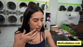 Preview 3 of Hindi Blue Film Sexy F - Petite brunette teen suck cock in a public laundromat - Nikki Mars,  Jason Legend