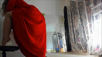 Preview 4 of Sister Rep Xxx Bangla - Curvy MILF Sonya chilling at home,  posing  nude and in long red dress,  upskirt,  tease,  mirror