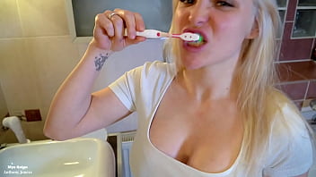 Preview 3 of Fuck On Tabl - Slut blonde brushing her teeth with cum and piss - blowjob - dirty girl - big tits