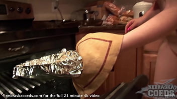 Preview 2 of Latex Female Suit - hot teen babe carving a pumpkin jack-o-lantern for halloween then fucking it