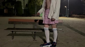 Preview 1 of Bok Antsy Xxx - ミニスカニーハイ女装子まゆちゃんがノーパンで深夜の公園のベンチに座って大股開きしたりして露出プレイを楽しんでいる