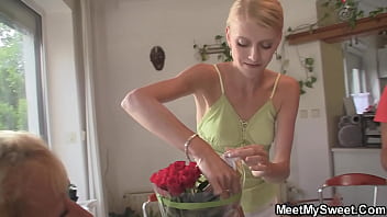 Preview 2 of Girl Pussing Slut - Old couple and teen family threesome orgy