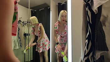 Preview 1 of Gay Masterbating - Sexy try on haul clothes fitting in the mall. Naked MyCandyAlice in the fitting room of the mall