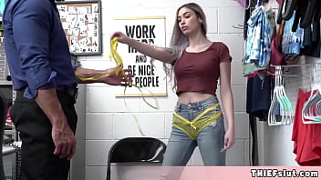 Preview 3 of Fucks Herself Big Dildo - Cute blonde shoplifter chick endures a strip search and a quickie