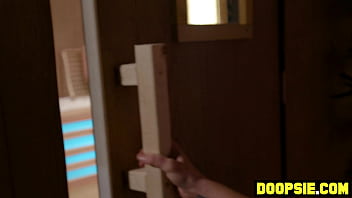 Preview 1 of In In A U - Big boobs redhead MILF masseuse seduces two trannies at the sauna