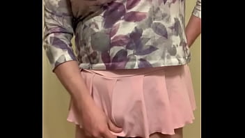 Preview 1 of San X Nxxx - Man in Pretty Woman&rsquo_s Shirt and Very Short Pink Skirt Strips to Hot Pink Bra and String Bikini Panties,  then Cums Inside His Panties