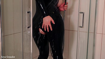 Preview 3 of Big Chubby Gay Bdsm - Fetish Model MILF Arya Grander Latex rubber catsuit shower