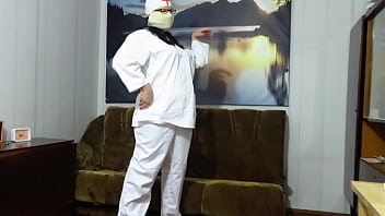 Preview 1 of Hdftube Com - Striptease mature nurse in a restroom. Chubby MILF takes off her medical uniform and shows her gorgeous booty,  big boobs and long legs in stockings and high heels. Amateur foot fetish.