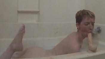 Preview 4 of Redhead Chelsea - Cock Hungry Slut SUCKS and FUCKS her Dildo in the Bath. She Licks it Clean of Her PUSSY JUICES