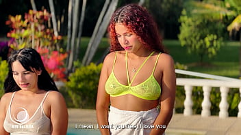 Preview 1 of Boys Sequerting - two lesbians in a pool wearing bikinis fuck hardcore - Black Barbie ft Min Galilea