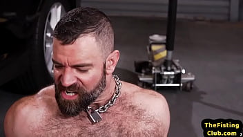 Preview 2 of Dad Sone - Stud and hunk 3some extreme anal fisting at mechanic shop