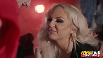 Preview 3 of Wife Hobby Suck Sharing Husband - FAKEhub - Big busty tattoo blonde babe Louise Lee gets double teamed in hot threesome with massive facial - &quot_TRIPLE DRAGON!&quot_ 80s parody