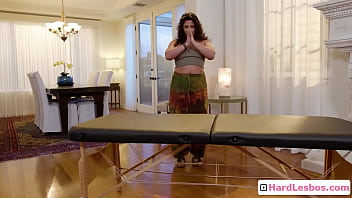 Preview 1 of Grandes Tetas En Playa Manacrg - Busty blonde milf client seduced by curly teen masseuse and enjoys it - Victoria Voxxx,  Serene Siren
