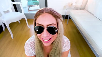 Preview 1 of Italyean First Time Girl Xxx - SUNNY CHASE Sexy Big Natural Tits Blonde NO HANDS! Huge Cock POV Blowjob and Cum Swallow