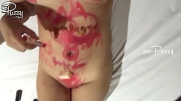 Preview 4 of College Ticar - Amateur girl draws on her naked Asian body with lipsticks