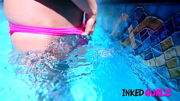 Preview 2 of Sheena Bajaj Xxx Sex Hot - Inked Gurlz - Tattooed Petite Brunette Fucked in Outside Family Pool