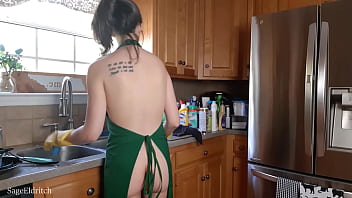 Preview 4 of Maharashtrian Kaku - Sage Eldritch Washing Dishes Nude with Starbucks Apron On
