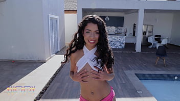 Preview 1 of Curly Hairypiss - Brazilian super cute teen Melissa Hot fucked by horny 3 big cocks (DP DPV)