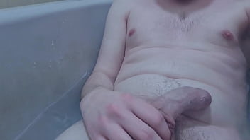 Preview 1 of Black Girl Strapon Guy - White boy wanks in the bath