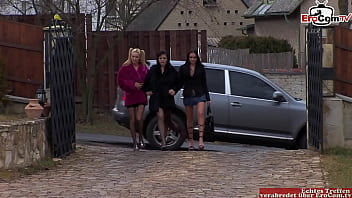 Preview 1 of Ari Hoster In Plen - Two skinny natural tits girls in stockings doing an anal 3some