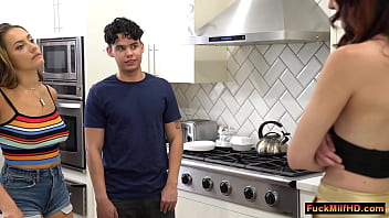 Preview 2 of Ass Thief - Naughty boyfriend started sucking my tits while I was washing dishes,  when his stepmom caught us,  but the slut just wants some fun,  in the end we ended up having threesome sex in the living room