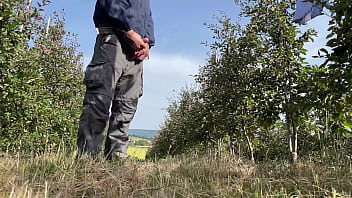 Preview 1 of Jogesh Jojo Comedy - Beautiful MILF with a huge ass jerks off my cock and masturbates her hairy pussy in an apple orchard in nature