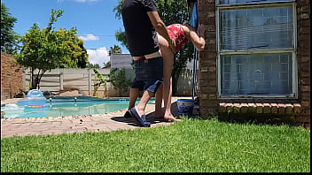 Preview 2 of Six Sis - Helping my neighbors wife with her swimming pool, , standing outdoor upskirt fuck