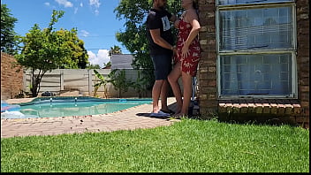 Preview 1 of Six Sis - Helping my neighbors wife with her swimming pool, , standing outdoor upskirt fuck