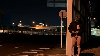 Preview 4 of Lost Anal Virginity - 女装子まゆちゃんが深夜の国道の防音壁の脇で服を脱いではだかになって露出プレイを楽しんでいるその横を車が通り過ぎていく