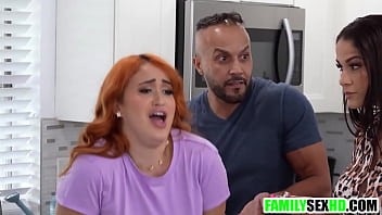 Preview 2 of Domination Pants - Chubby stepdaughter sucks stepdad behind stepmom&#039_s back