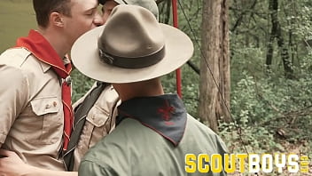 Preview 2 of Paid Skinny - ScoutBoys - Hot hung scout leader barebacks two smooth boys in forest