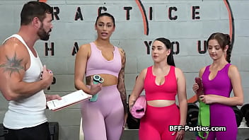 Preview 1 of Mom Boobs Crack - Gym sluts sharing cock in foursome