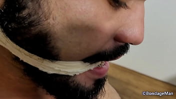Preview 3 of Hairy Xcafa - Jeff Carvalho and Leo Ceoli playing with bondage ropes,  gags and fucking Jeff tied up and gagged cum over the face | PREVIEW
