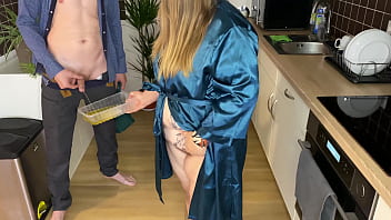 Preview 3 of Shot Slip - Sexy Stepmother-in-law in a silk robe pees in the kitchen for her son-in-law