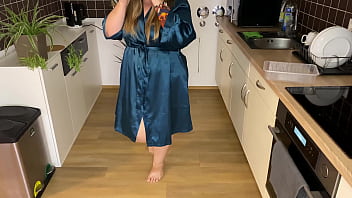 Preview 1 of Shot Slip - Sexy Stepmother-in-law in a silk robe pees in the kitchen for her son-in-law