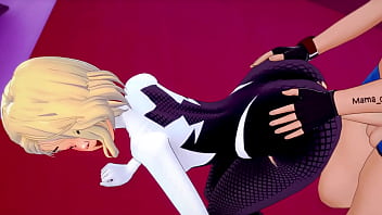 Preview 2 of Monster Cock Table Dildo - Spider Gwen (version adulta) se quita el traje y se divierte en el hotel del amor usando sus pies
