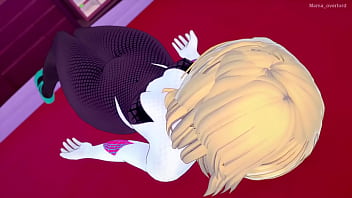 Preview 1 of Monster Cock Table Dildo - Spider Gwen (version adulta) se quita el traje y se divierte en el hotel del amor usando sus pies
