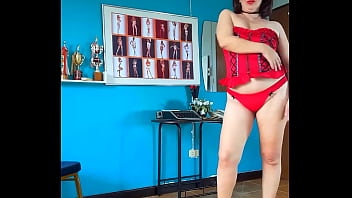 Preview 2 of Sound Tech Gets Blown By Mom - An elegant lady employee in red lingerie undresses in the office. 2сс