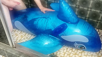 Preview 2 of Tied Topless - Hump and cum on Intex 2m inflatable blue whale part filled with water