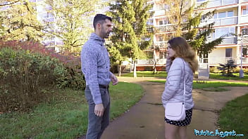 Preview 1 of One Slut Isn Enough - Public Agent Tight Spanish babe gives blowjob and fuck behind husbands back