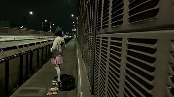 Preview 1 of Lesbian Sex Tera Patrick - 女装子まゆちゃんがトラックがばんばん通る夜の国道の歩行者通路で全裸になってM字開脚したり大股開きしたりして露出プレイを楽しむ