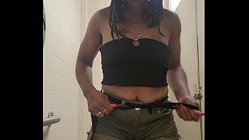 Preview 4 of James Deen Brandi Love - Peeing in the public bathroom trash while the worker is in the other stall beside me
