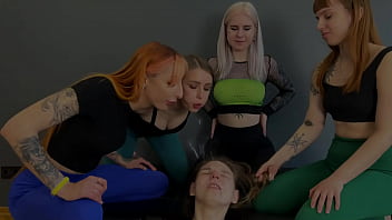 Preview 1 of Sleeping Sasu - Cruel Lesbian Spitting Orgy - Four Mistresses Spat on Slave Girl&#039_s Face and Mouth