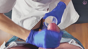 Preview 3 of Bapa Urut Anak - POV CFNM handjob only: nurse with surgical gloves is helping a hard to cum patient to get a sperm sample for analysis