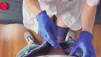 Preview 1 of Bapa Urut Anak - POV CFNM handjob only: nurse with surgical gloves is helping a hard to cum patient to get a sperm sample for analysis