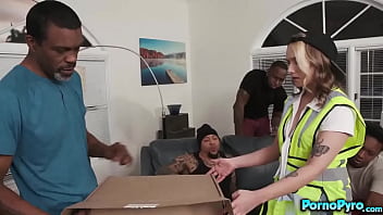 Preview 1 of Brandi Netball - Delivery Chick Gwen Vicious Delivers Package To A Group Of BBCs
