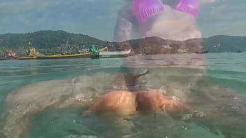 Preview 2 of Arab Duch - Monika Fox In Pink Bikini Swims,  Masturbates And Squirts In Sea In Public